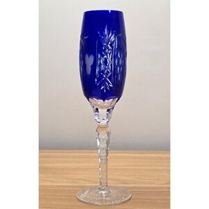 Ajka Marsala Cobalt Blue Cut to Clear Crystal Champagne Flute 9" Tall Barware